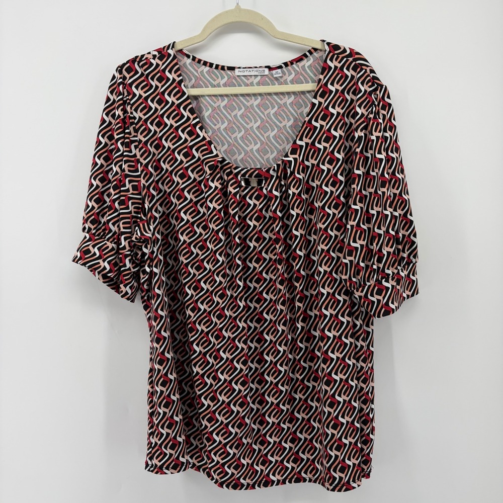 Notations Womens 3X Red Black White Geometric Top Short Sleeve Scoop Neck Blouse